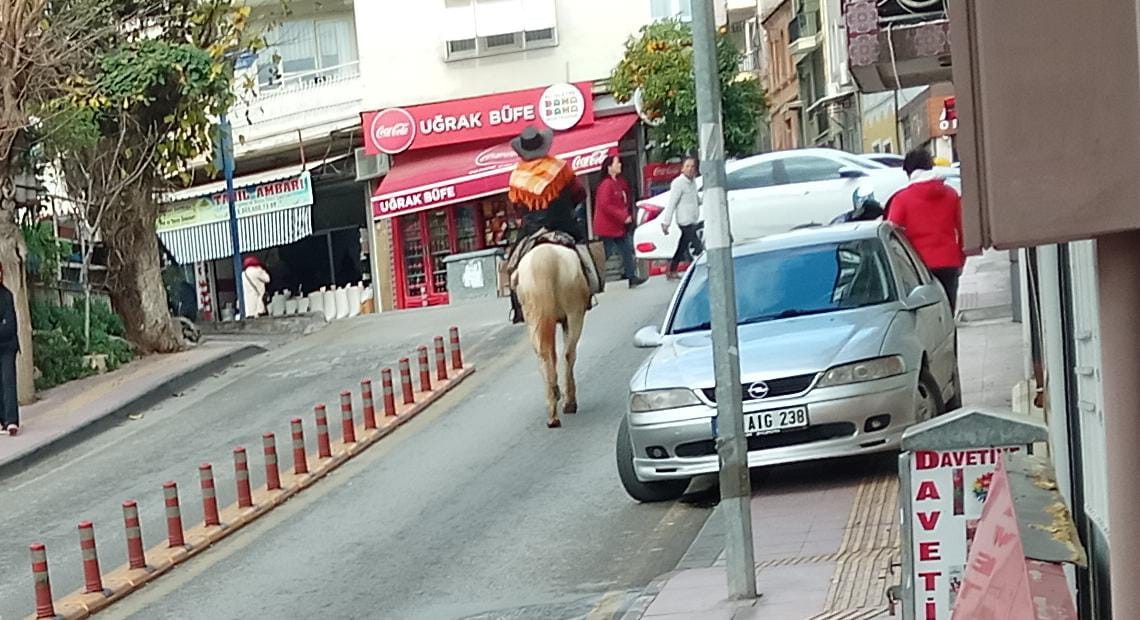 Beyaz atlı kovboy uyarıları dinlemedi, trafik ekipleri atını bağladı