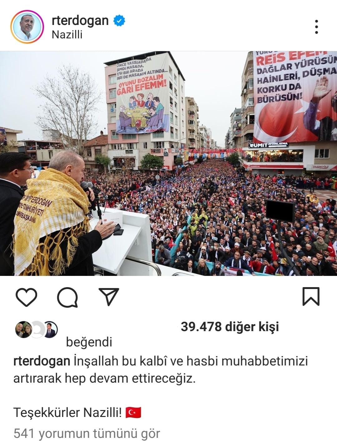 Cumhurbaşkanı Erdoğan’dan Nazilli’ye teşekkür